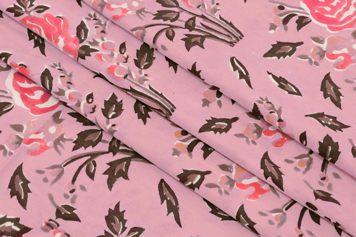 Pink Floral Blockprint Cotton Fabric: Handstamped Indian Fabric