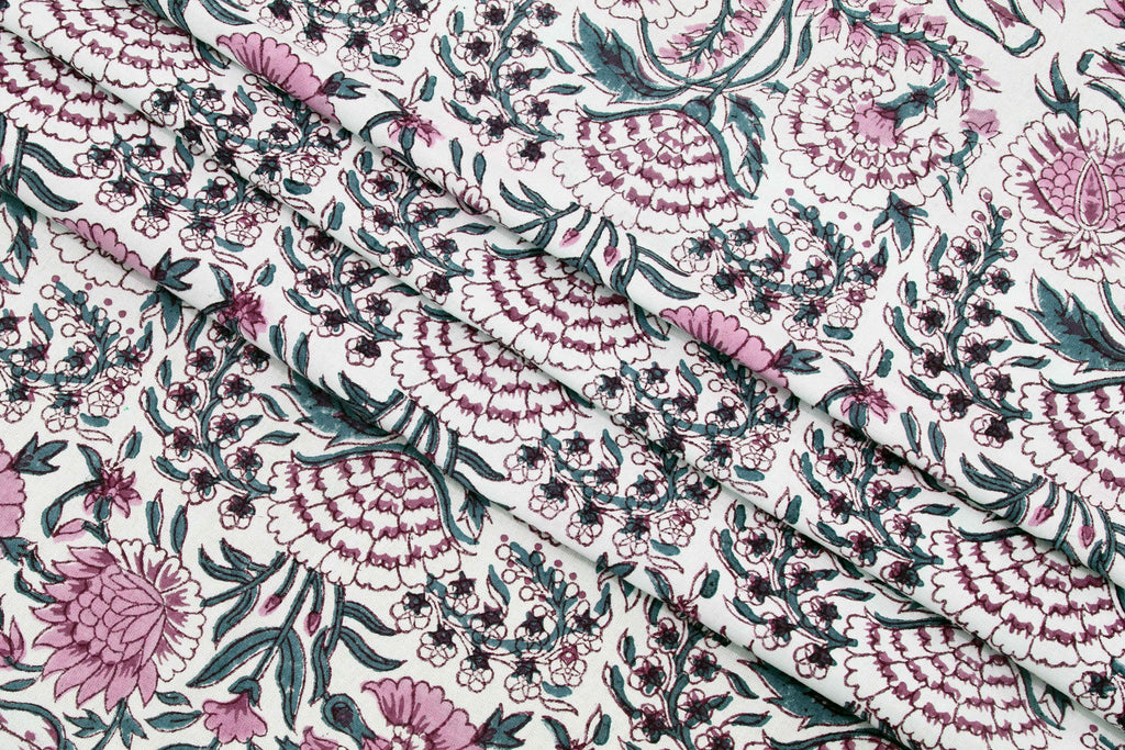 Floral Block Print Cotton Fabric: Pink, Green, and White Indian Fabric