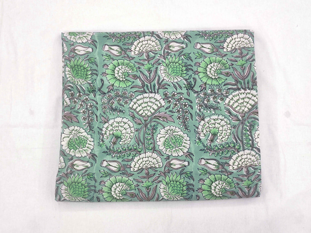 Floral Block Print Cotton Fabric: Blue, Green, Pink Mughal Design