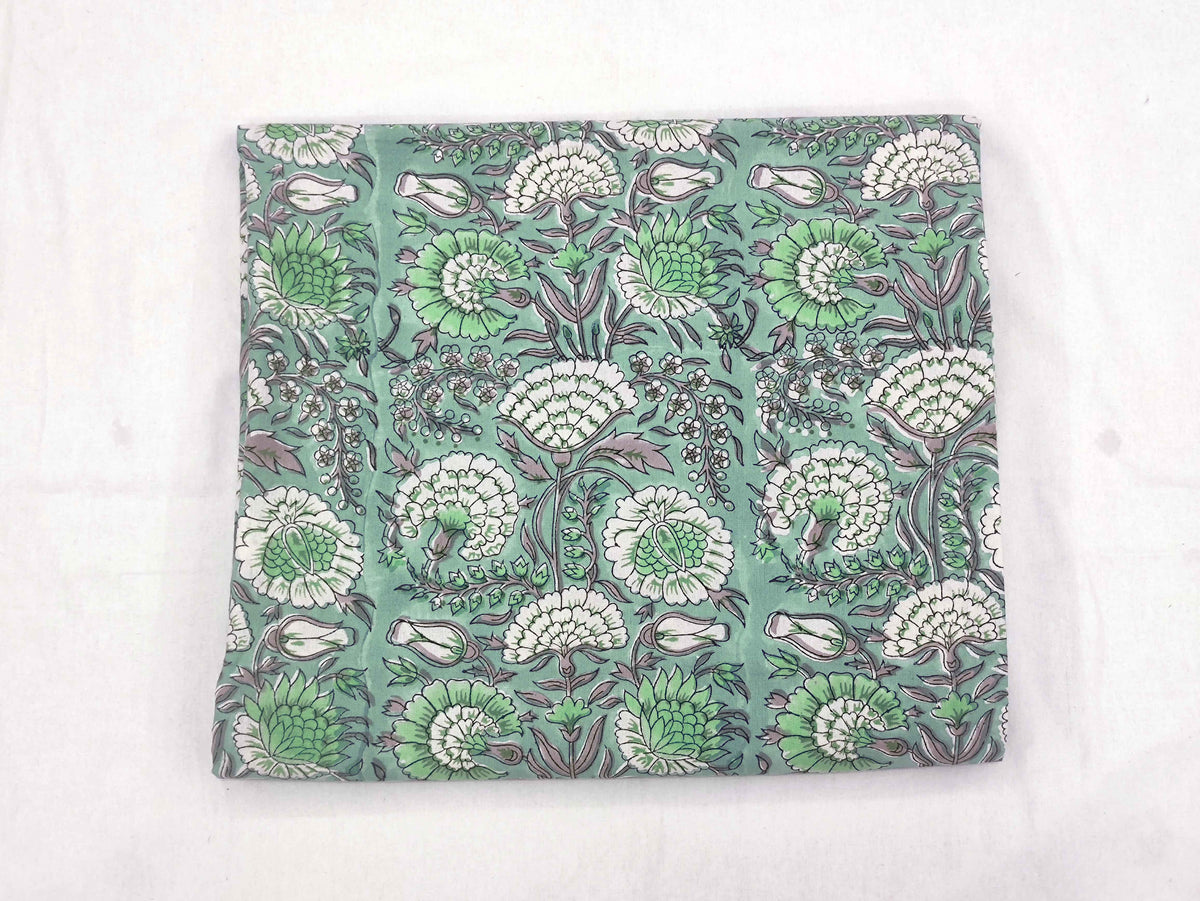 Floral Block Print Cotton Fabric: Blue, Green, Pink Mughal Design