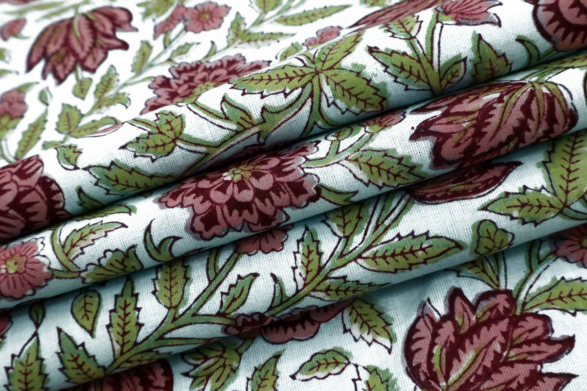 Pink Floral Block Print Cotton Fabric: Hand Stamped Indian Fabric