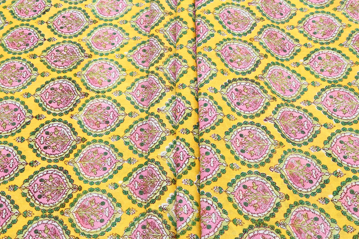 Hand Block Printed Cotton Fabric: Red & Pink Mughal Floral, Indian Textile