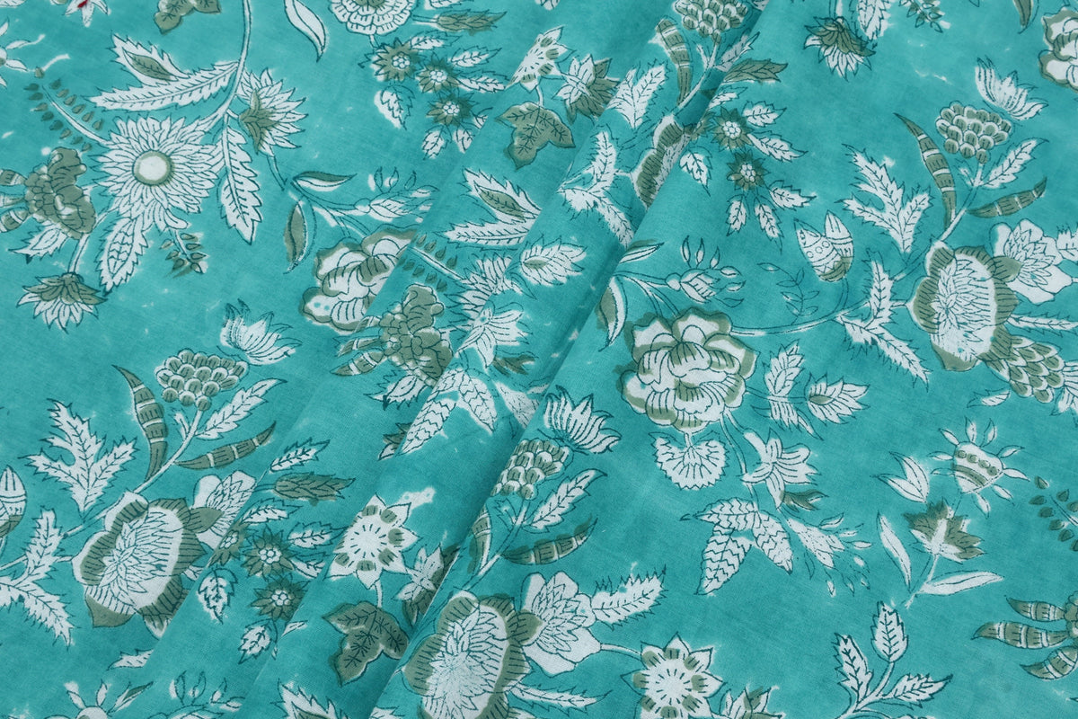 Mughal Floral Print Cotton Fabric: Hand Block Printed Indian Fabric