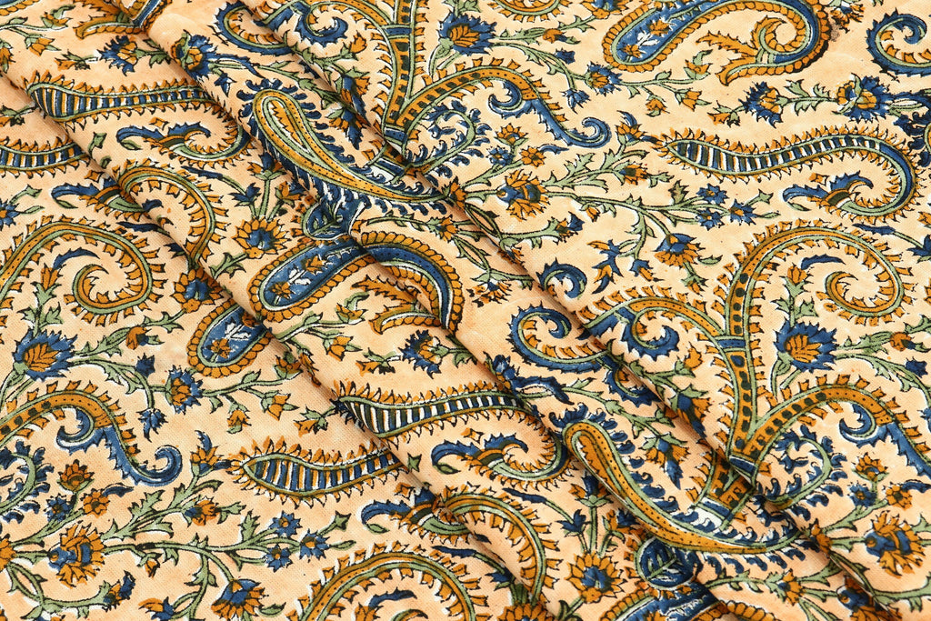 Hand Block Print Cotton Fabric: Beige Paisley Indian Fabric