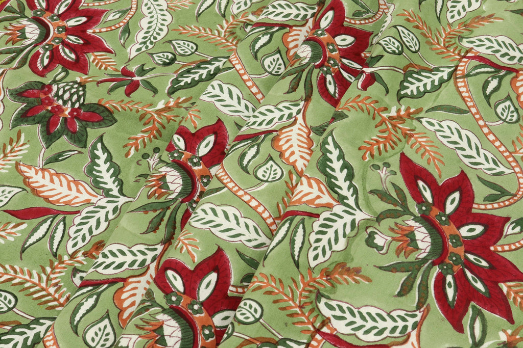 Mughal Floral Print Cotton Fabric: Hand Block Printed Indian Fabric