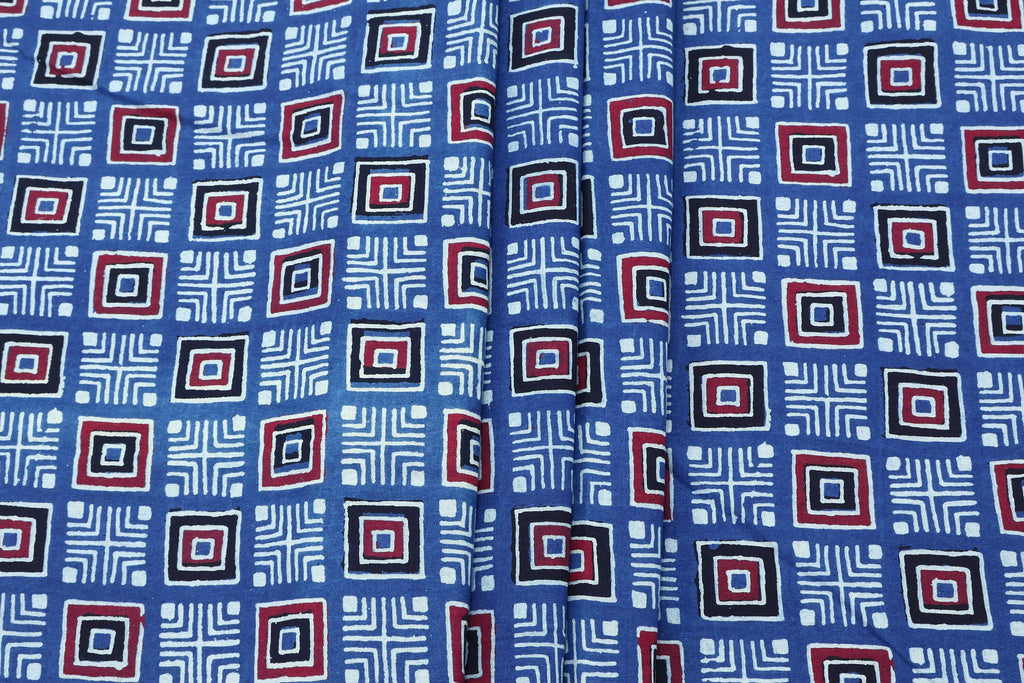Hand Block Printed Cotton Fabric: Red, Pink, Blue Geometric Textile
