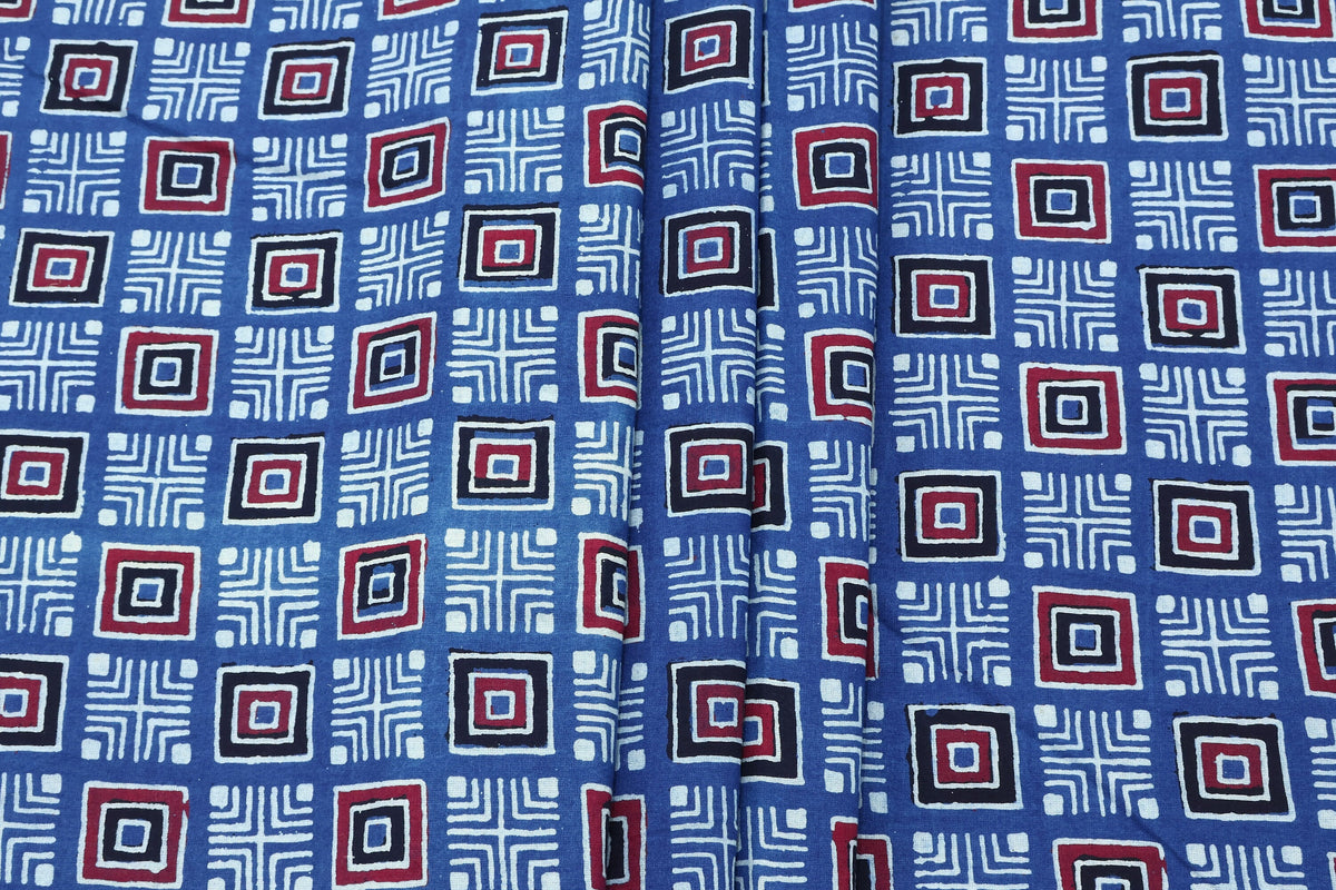 Hand Block Printed Cotton Fabric: Red, Pink, Blue Geometric Textile