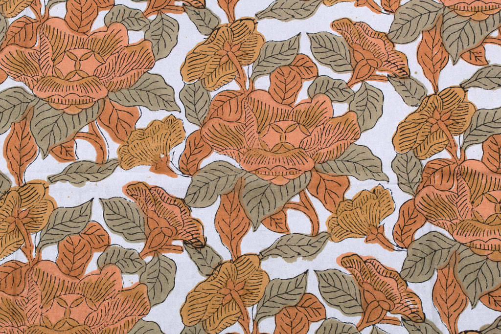 Orange Floral Block Print Fabric: Hand-Stamped Cotton By The Yard