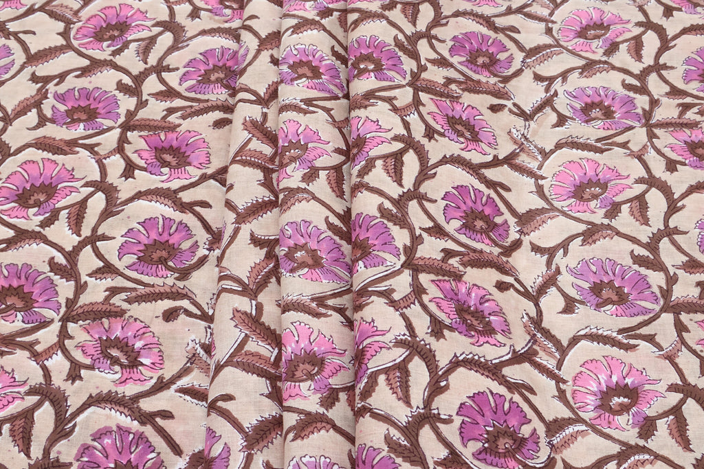 Mughal Floral Print Cotton Fabric: Indian Hand Block Print