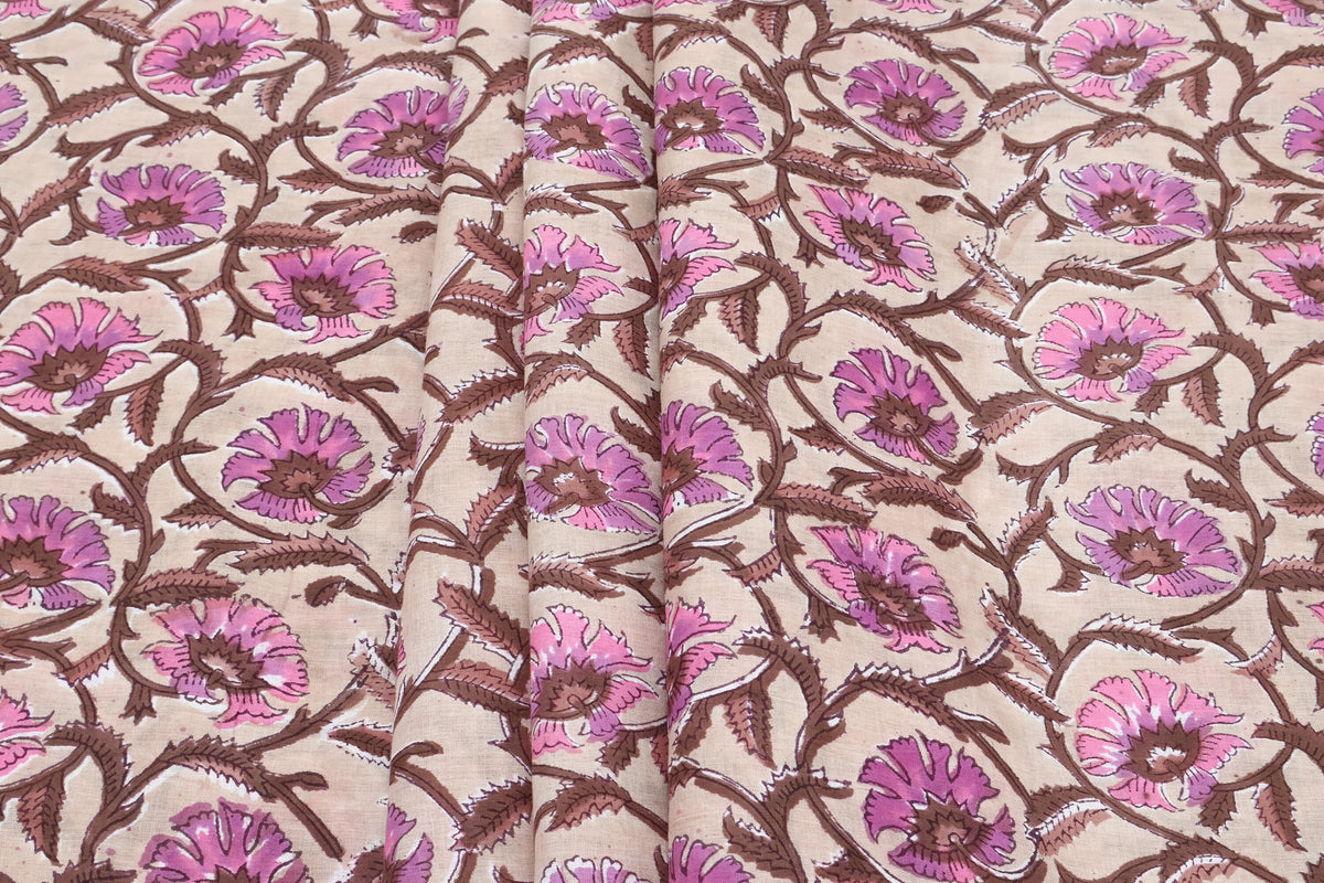 Mughal Floral Print Cotton Fabric: Indian Hand Block Print