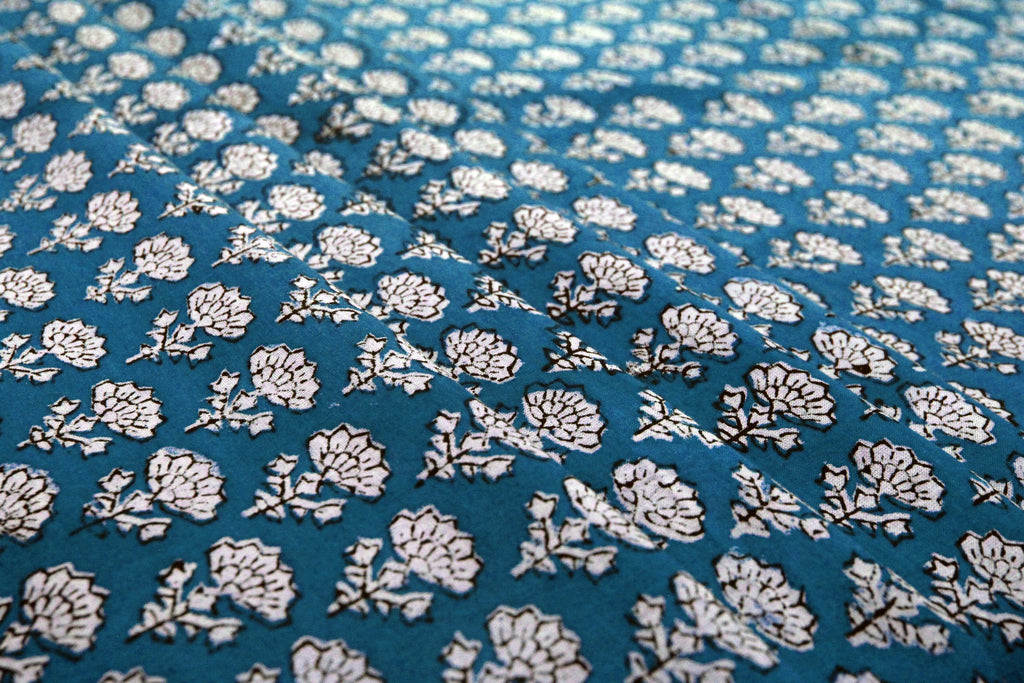 Blue Floral Blockprint Cotton Fabric: Handstamped Indian Fabric