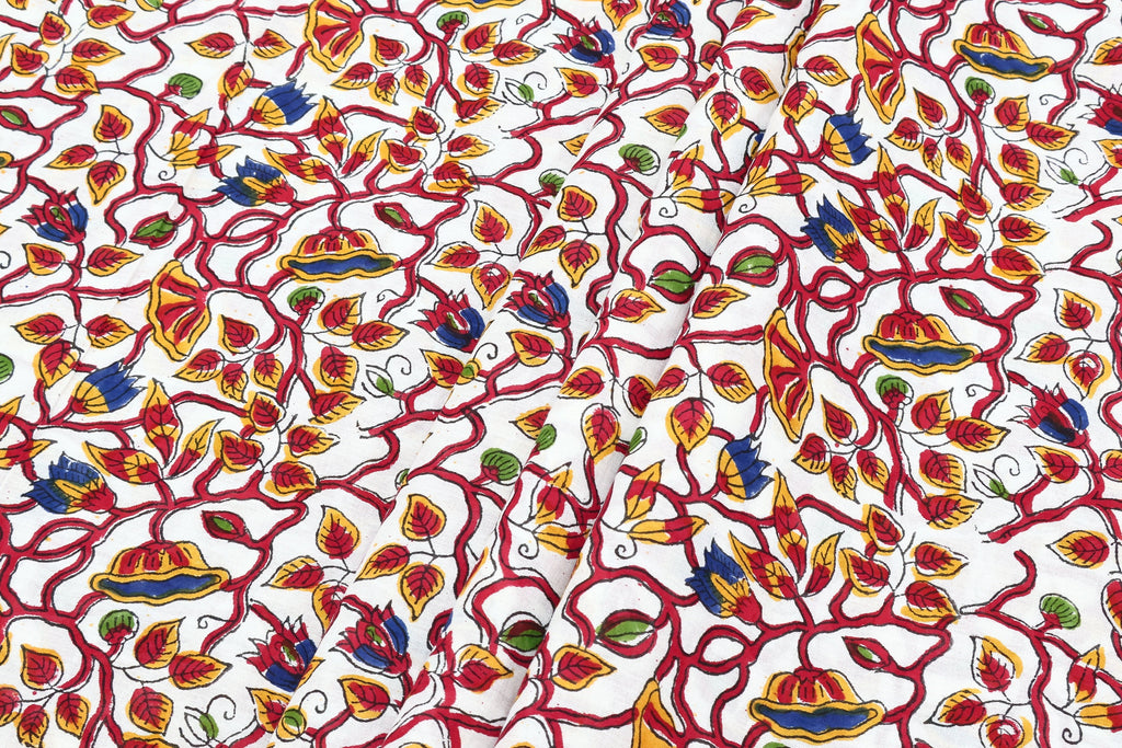 Red Floral Block Print Cotton Fabric: Indian Mughal Style By The Yard