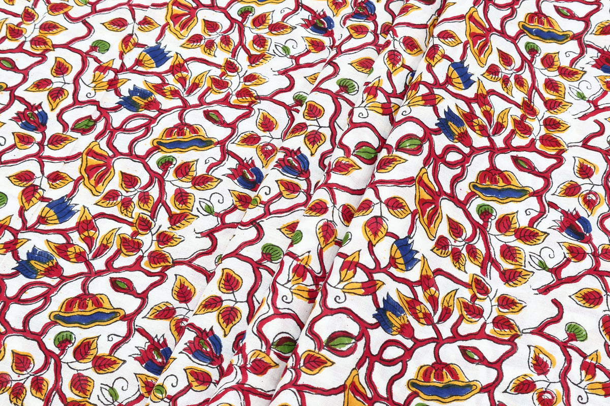 Red Floral Block Print Cotton Fabric: Indian Mughal Style By The Yard