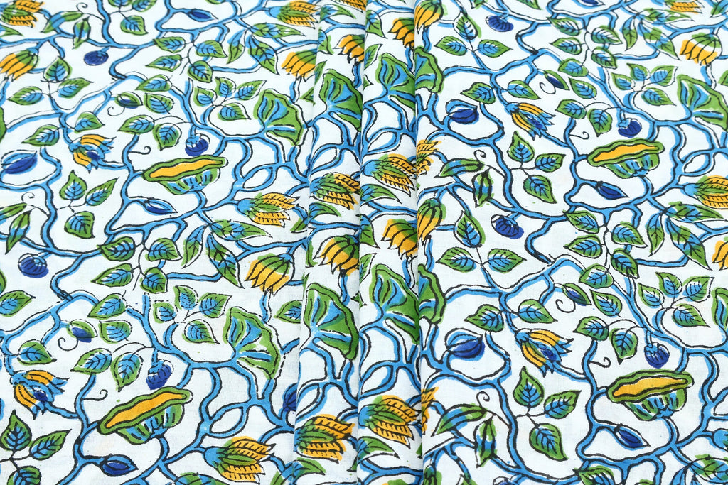 Hand Block Printed Cotton Fabric: Green, Blue, Yellow Floral Mughal Print
