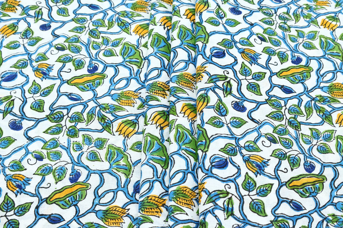 Hand Block Printed Cotton Fabric: Green, Blue, Yellow Floral Mughal Print