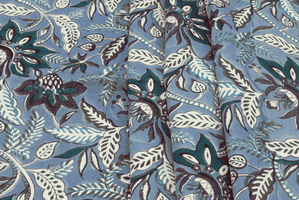 Mughal Floral Print Cotton Fabric: Hand Block-Printed Indian Fabric