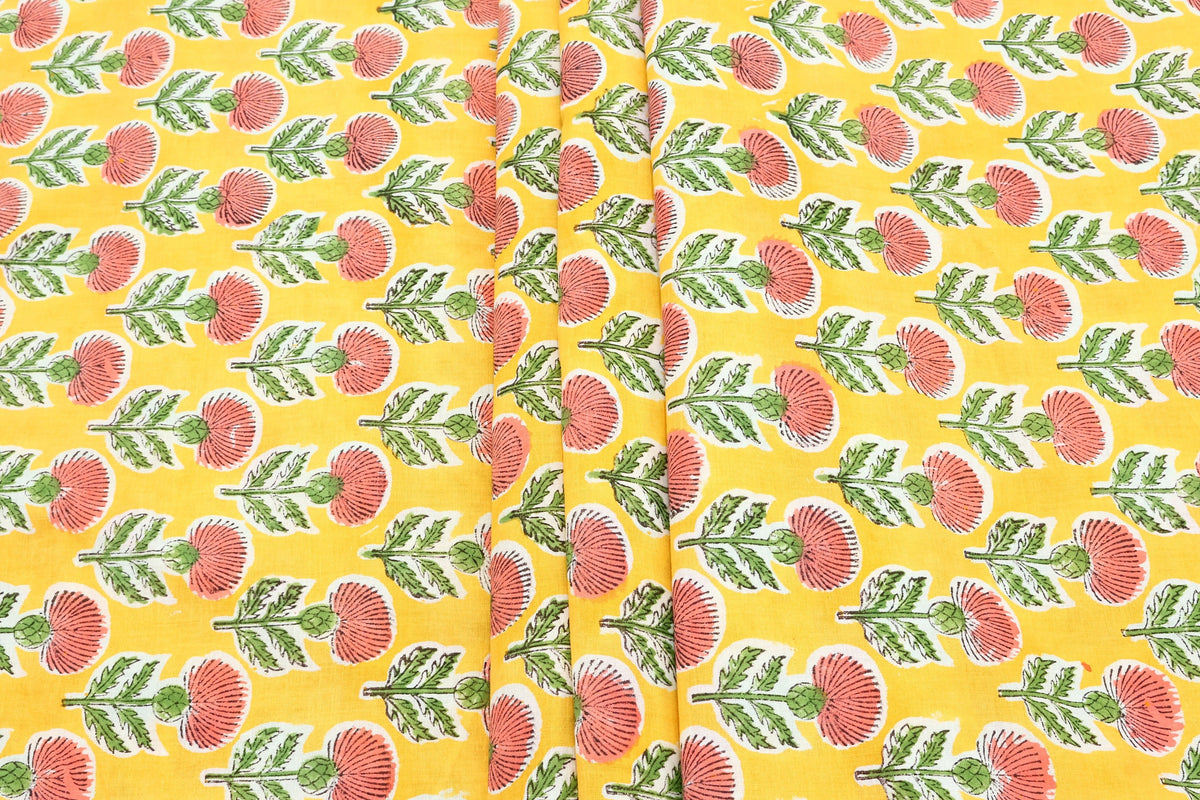Floral Blockprint Cotton Fabric: Handstamped Indian Fabric by the Yard