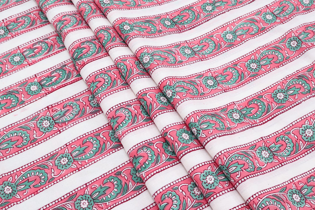 Hand Block Printed Cotton Fabric: Red & Pink Floral Mughal Print