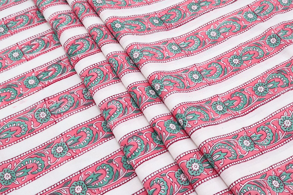 Hand Block Printed Cotton Fabric: Red & Pink Floral Mughal Print