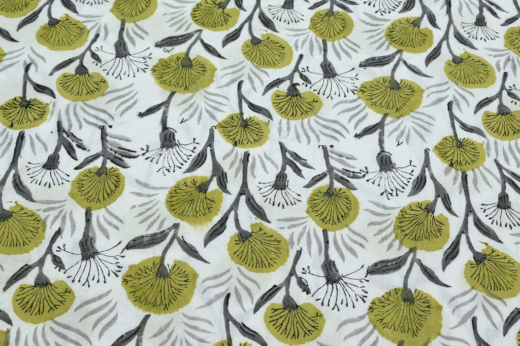 Green Floral Block Print Cotton Fabric: Indian Handstamped Textile