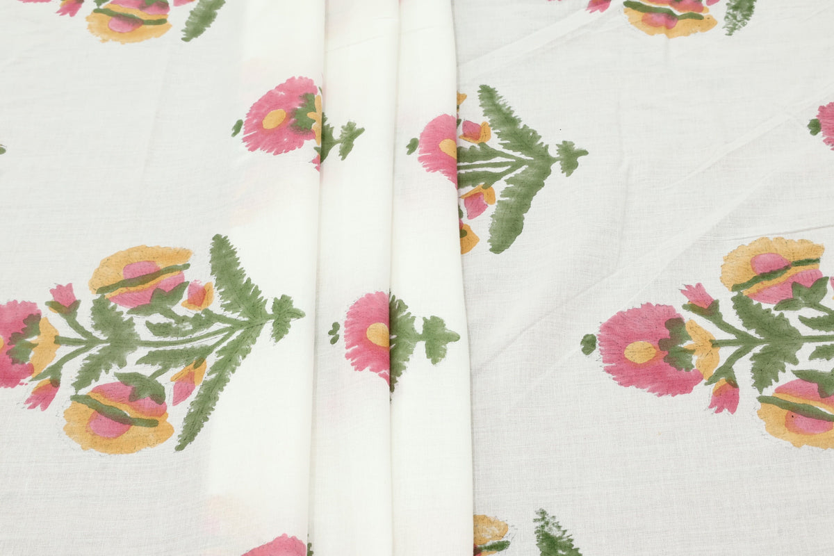 Floral Block Print Cotton Fabric: Hand-Stamped Indian Fabric