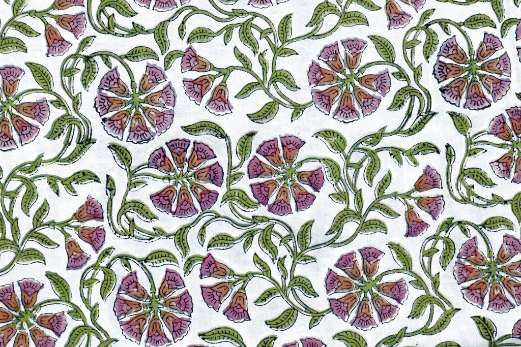 Floral Block Print Cotton Fabric: Pink, Purple, Green Mughal Design