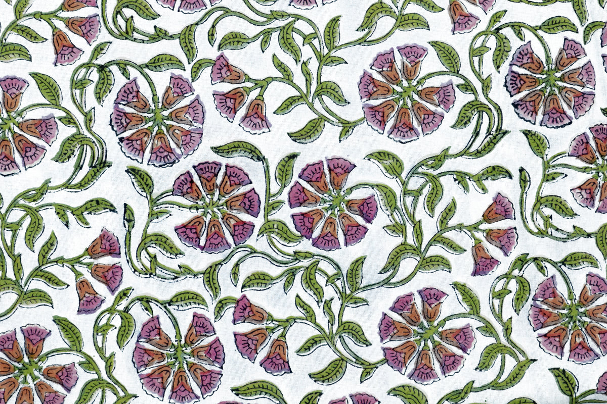 Floral Block Print Cotton Fabric: Pink, Purple, Green Mughal Design