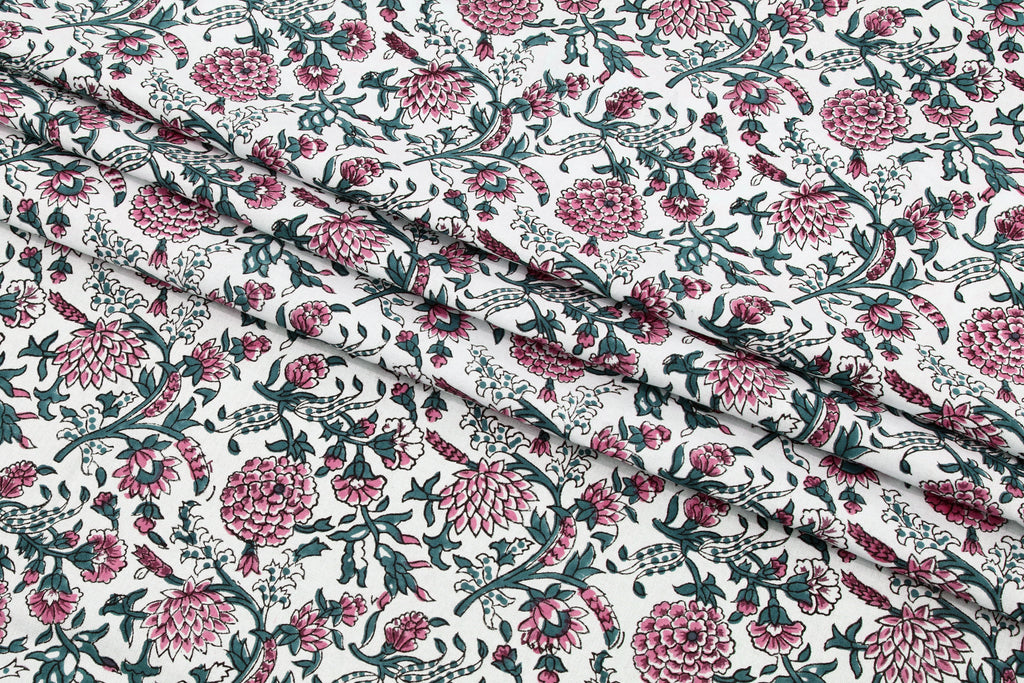 Pink Floral Block Print Cotton Fabric: Handstamped Indian Fabric by the Yard