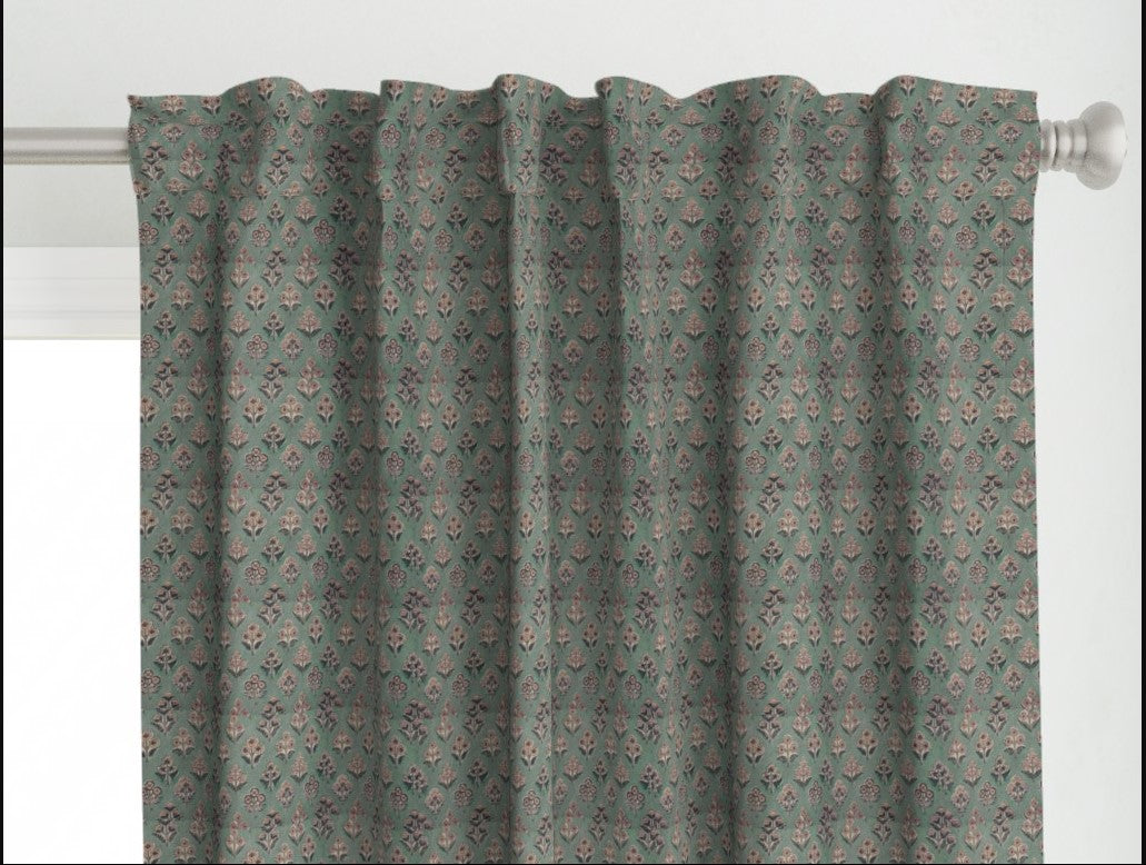 Handblock Printed Cotton Curtain | Sage Green Floral Window & Door Curtains for Home Decor