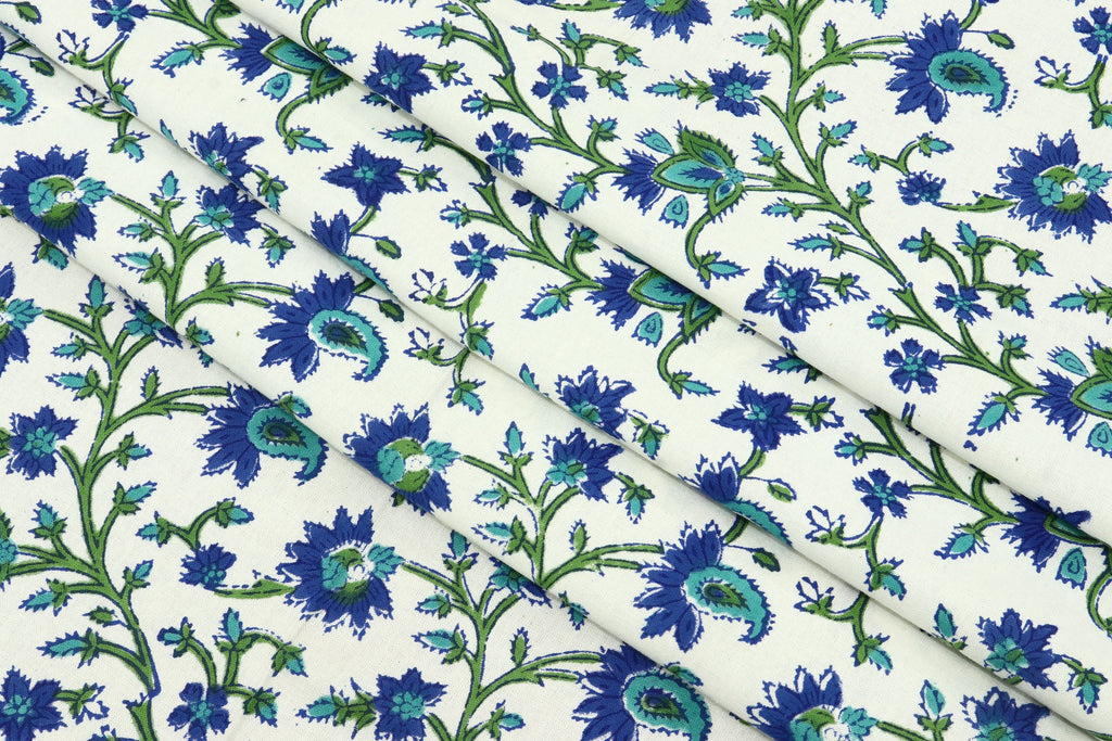 Floral Block Print Cotton Fabric: Blue, Green Mughal Design