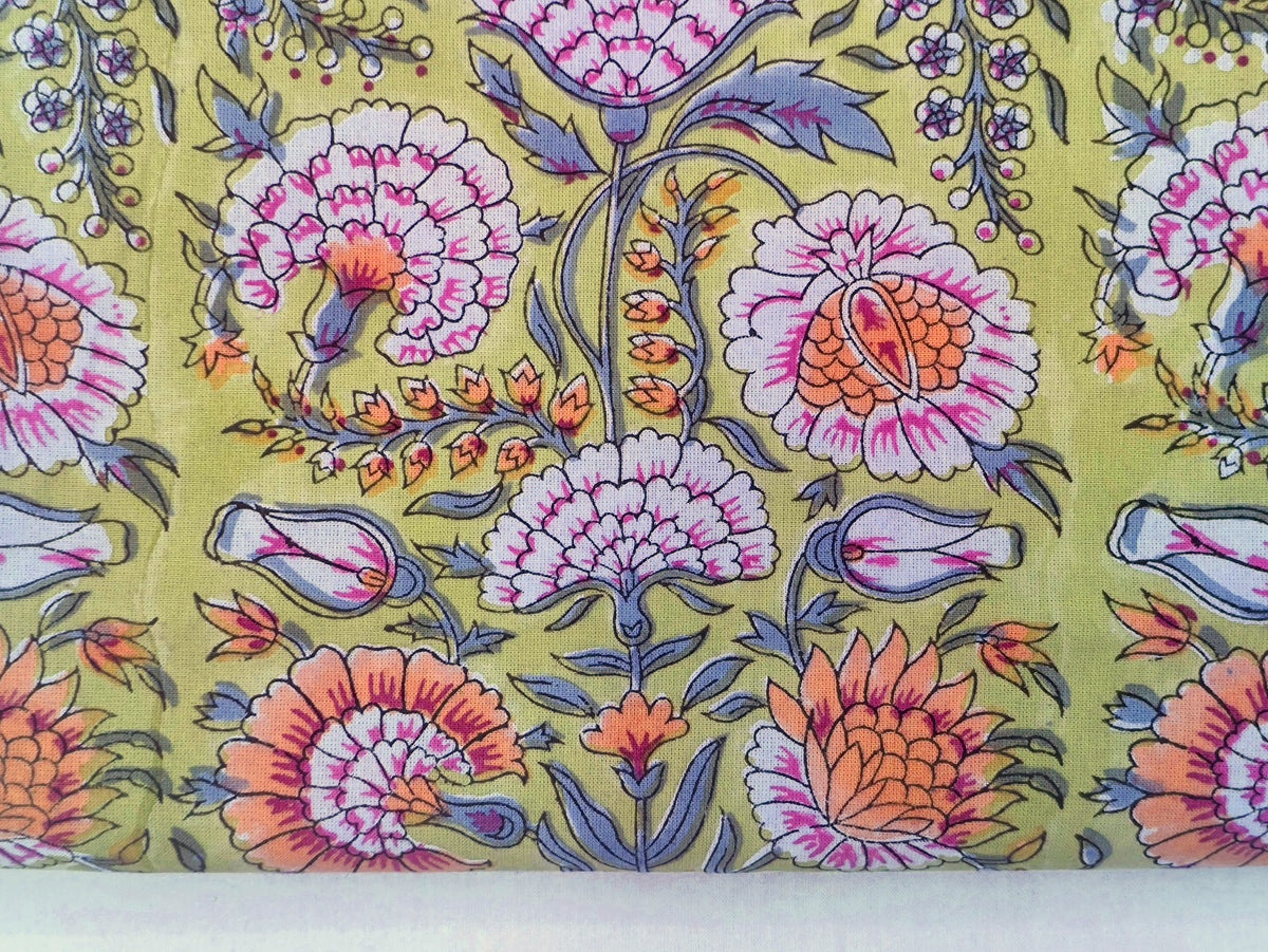 Floral Block Print Cotton Fabric: Yellow, Orange, Pink Mughal Design