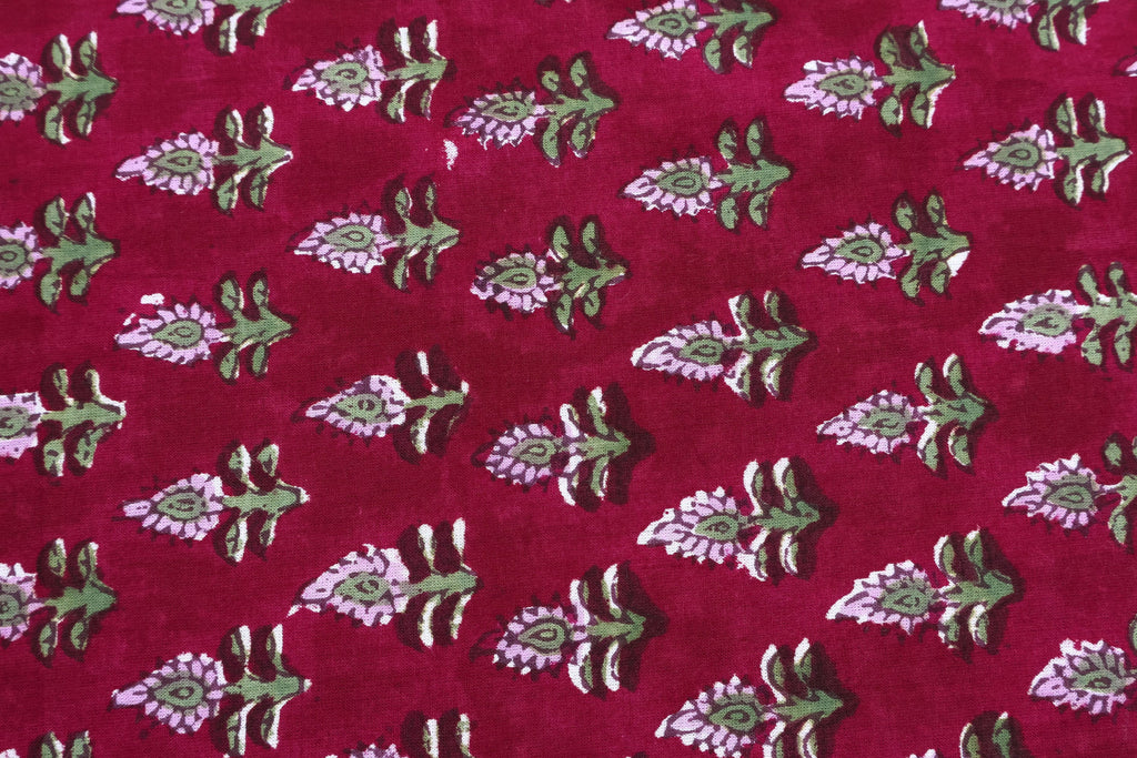 Hand Block Printed Cotton Fabric: Red Floral Indian Textile By The Yard