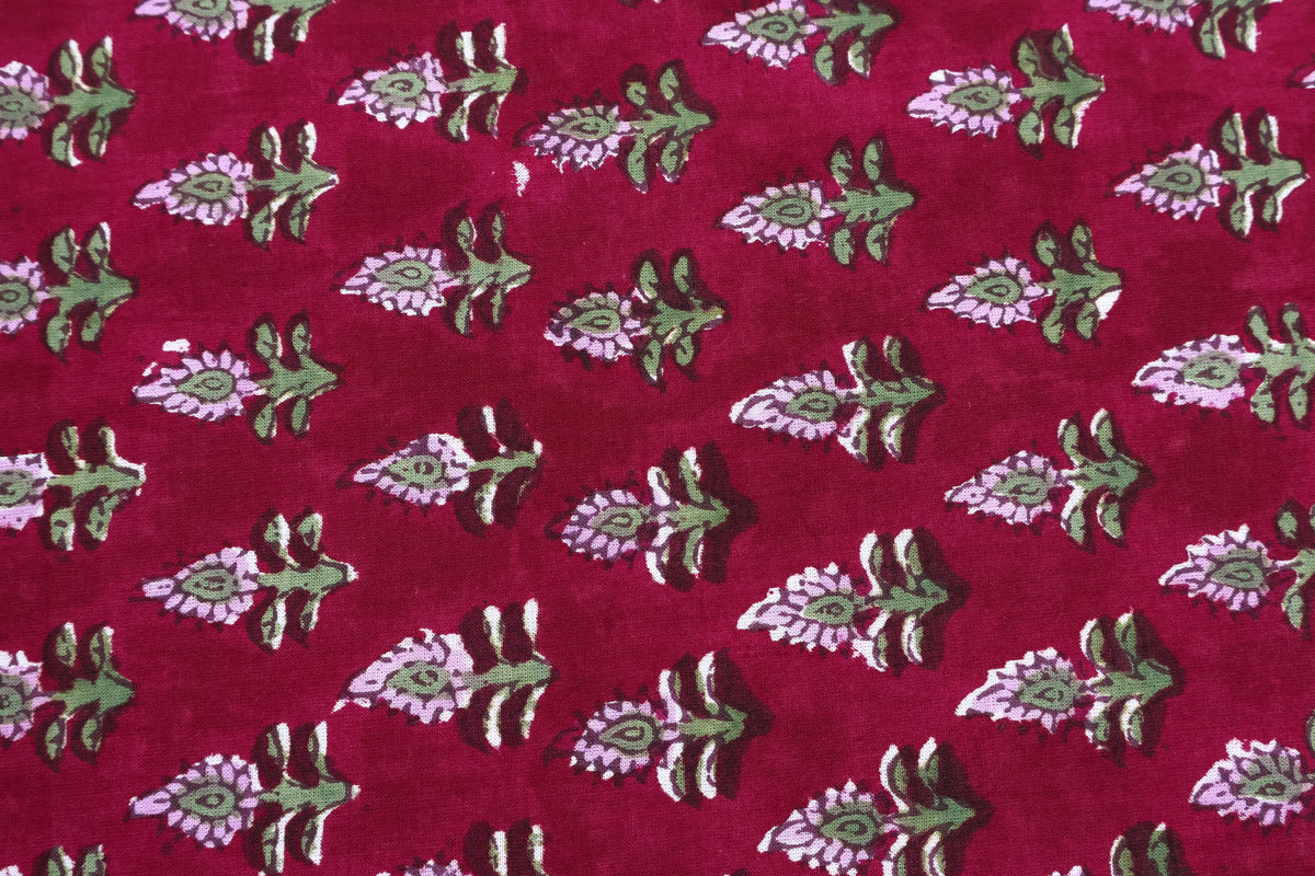 Hand Block Printed Cotton Fabric: Red Floral Indian Textile By The Yard