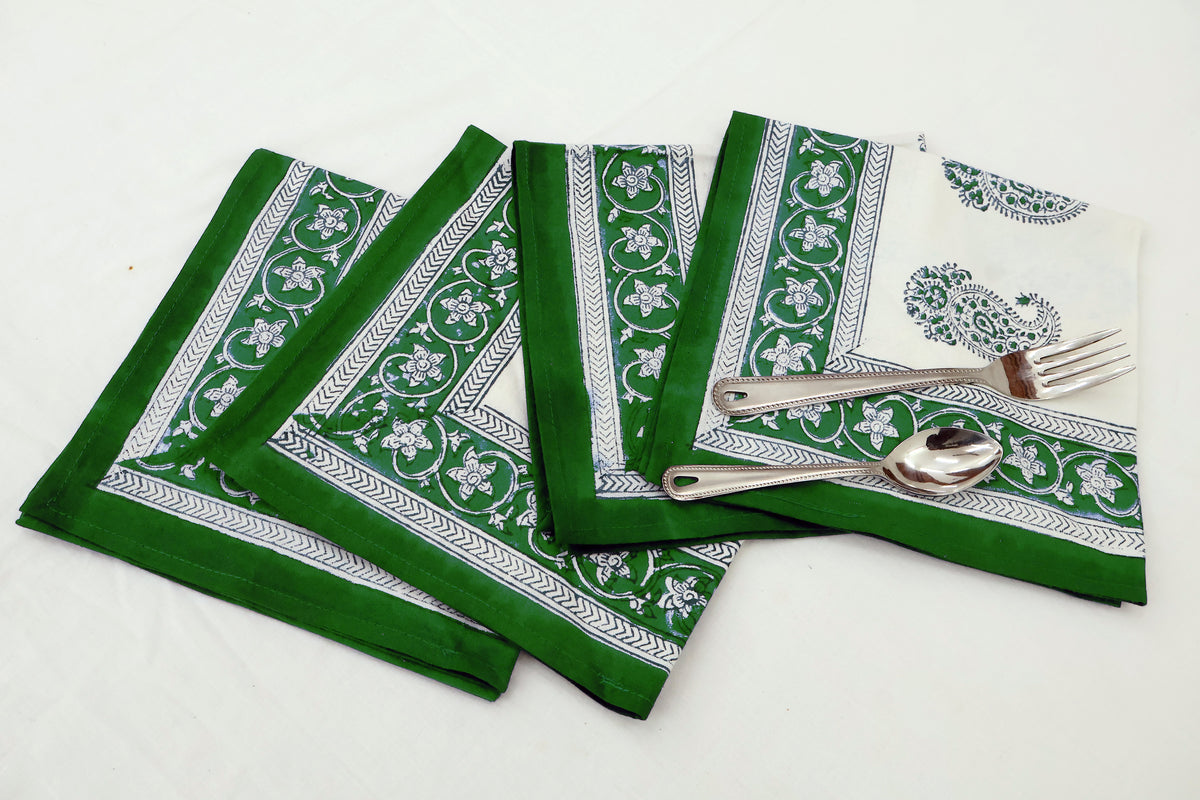 Hand Block Printed Cotton Napkins | Elegant Table Linen- Green and White