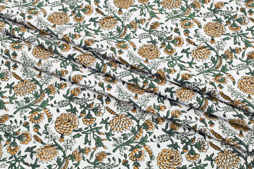 Floral Block Print Cotton Fabric: Yellow Mughal Design by the Yard
