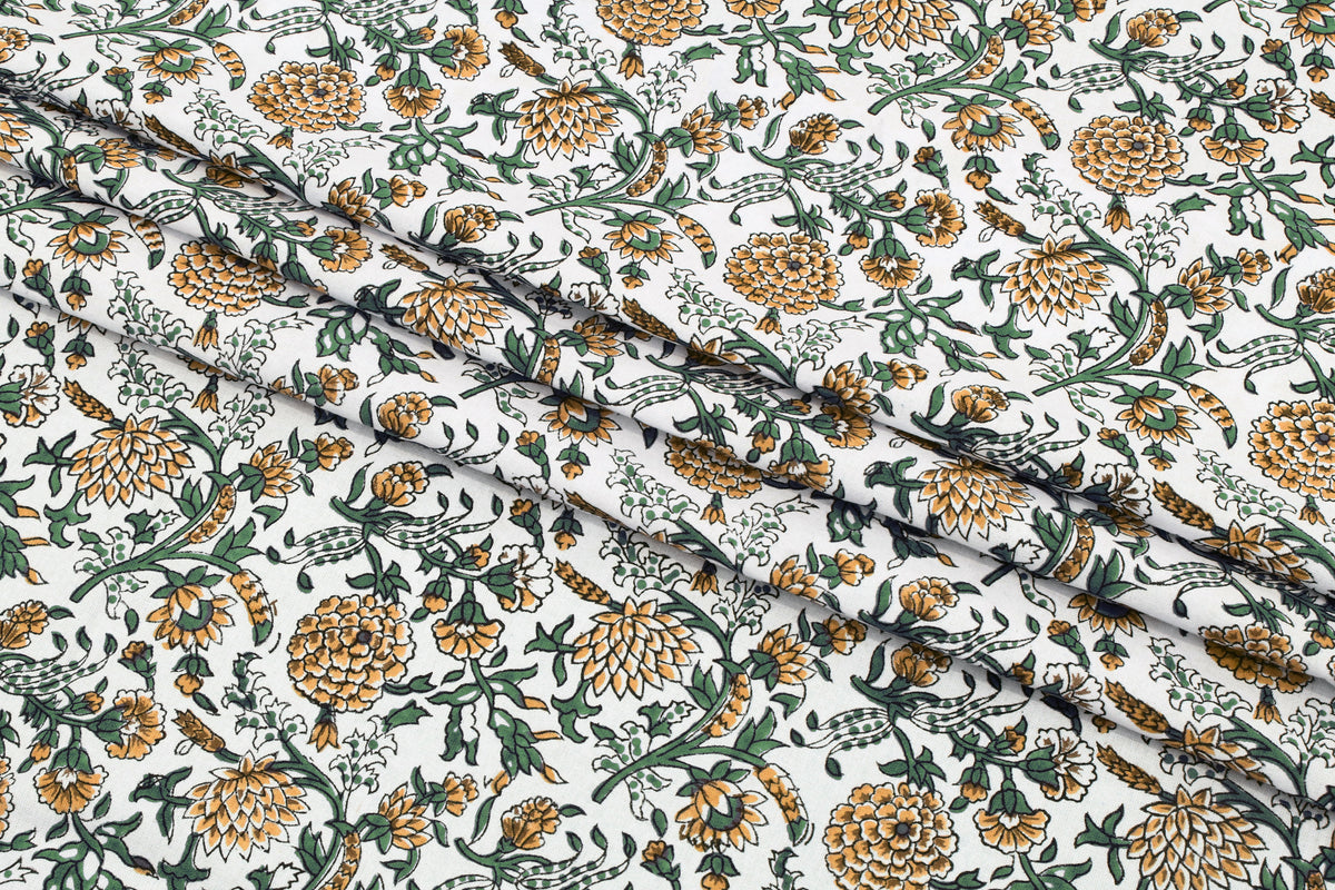 Floral Block Print Cotton Fabric: Yellow Mughal Design by the Yard