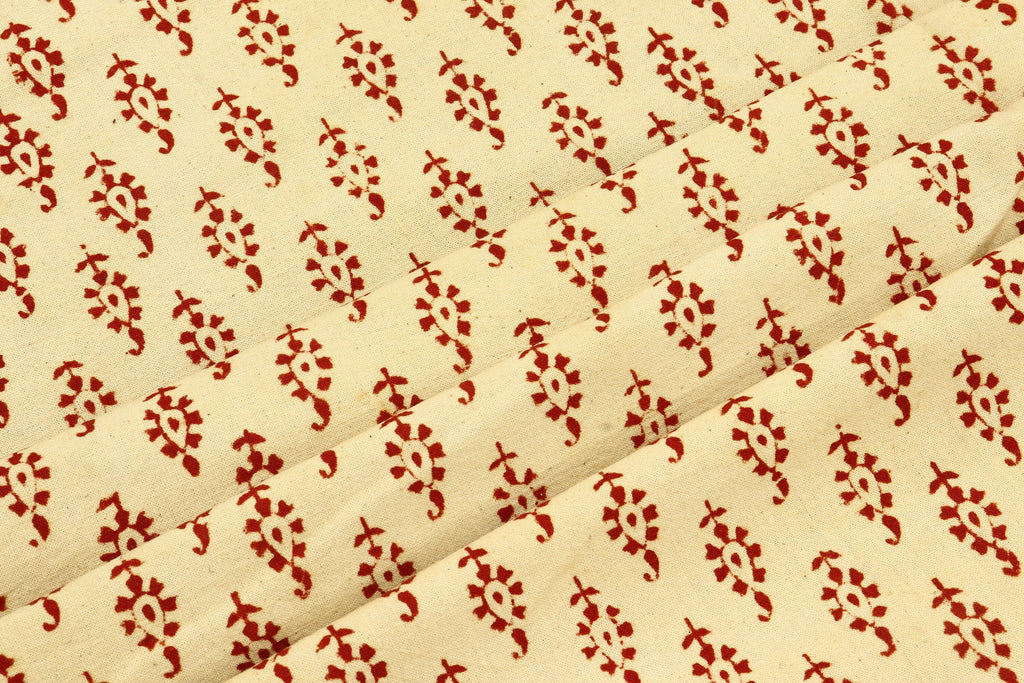 Red Floral Block Print Cotton Fabric: Beige Indian Cloth
