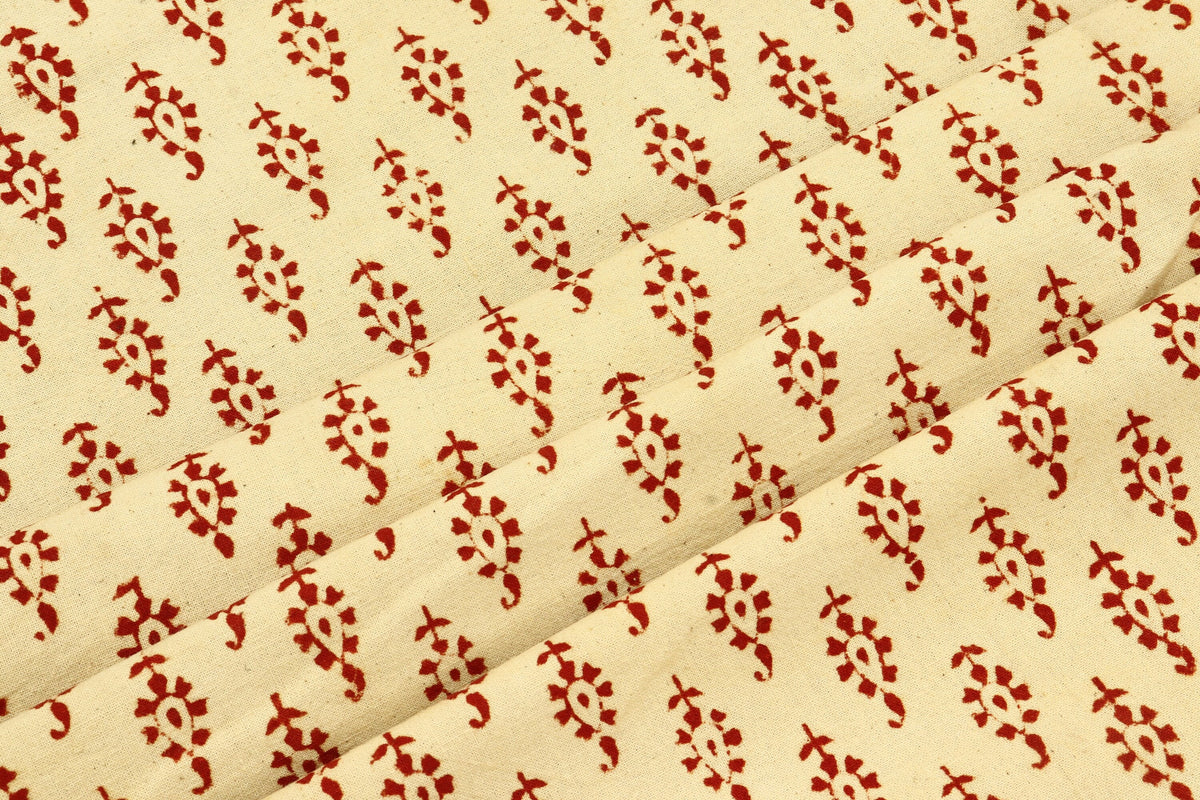 Red Floral Block Print Cotton Fabric: Beige Indian Cloth