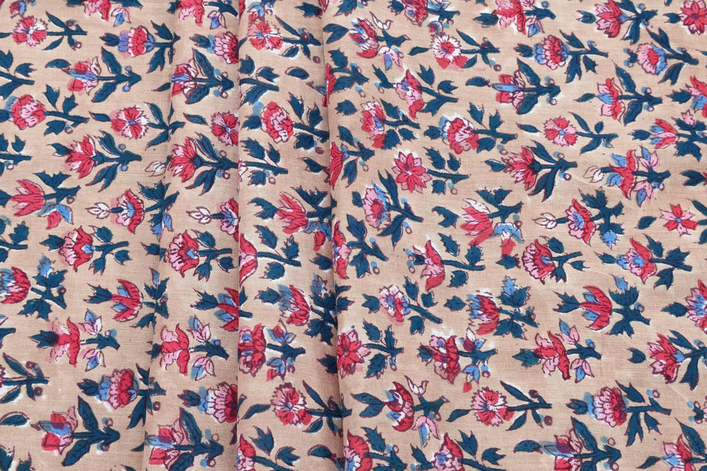 Mughal Floral Print Cotton Fabric: Indian Hand Block Print