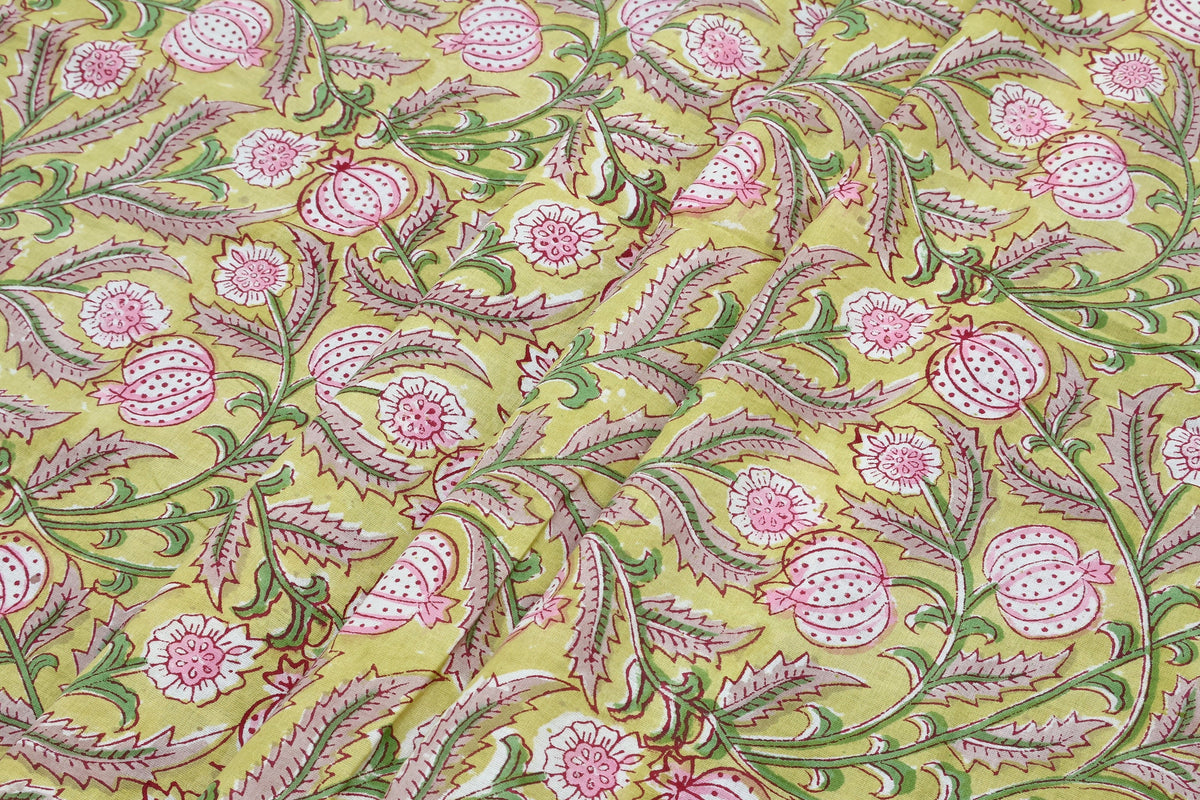 Mughal Print Cotton Fabric: Hand-Stamped Floral Dress Fabric