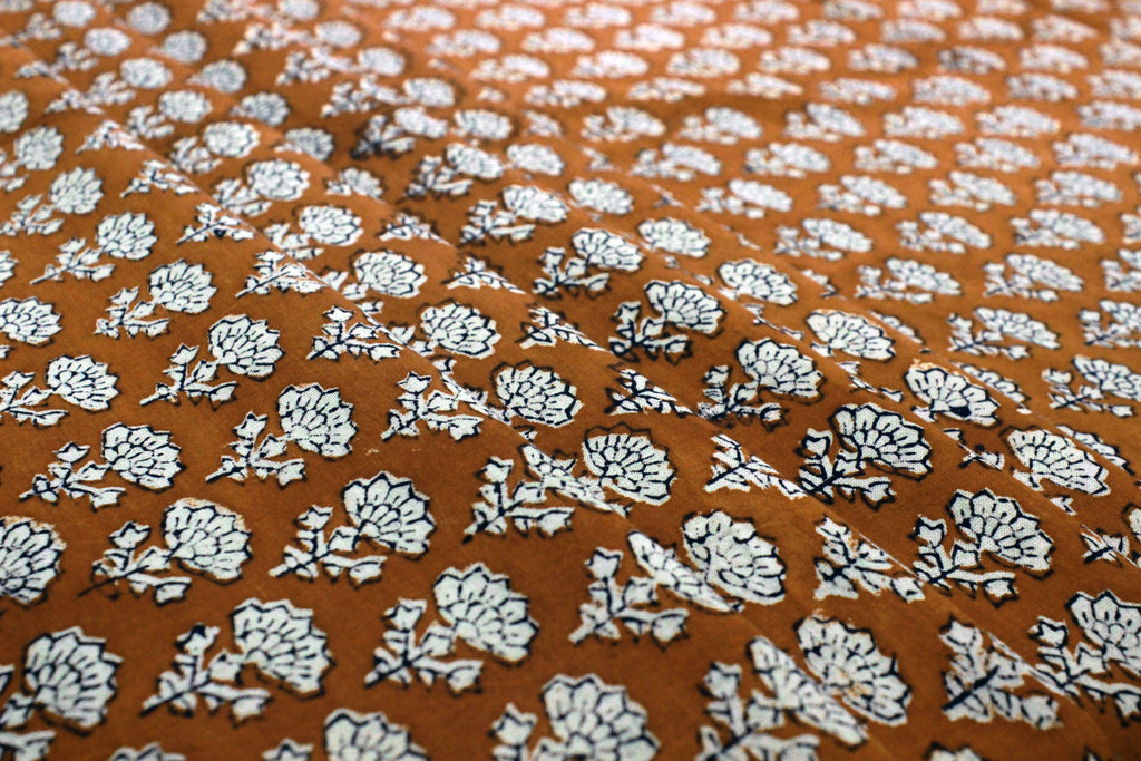Orange Floral Blockprint Cotton Fabric: Handstamped Indian Fabric