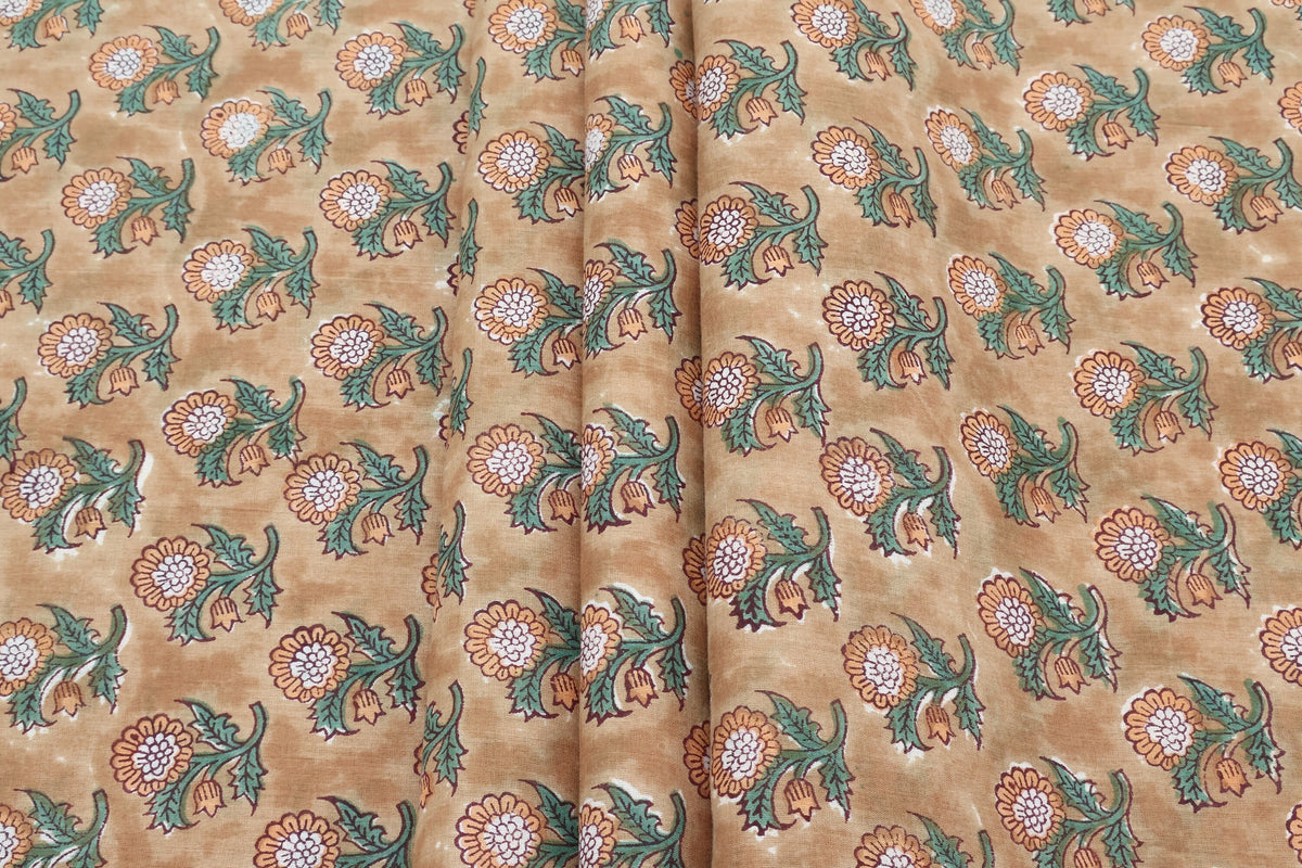 Orange Cotton Traditional Floral Hand Block Print Unstiched Material For Men's Kurta Shirts & Women's Kurti and Other Dress Material