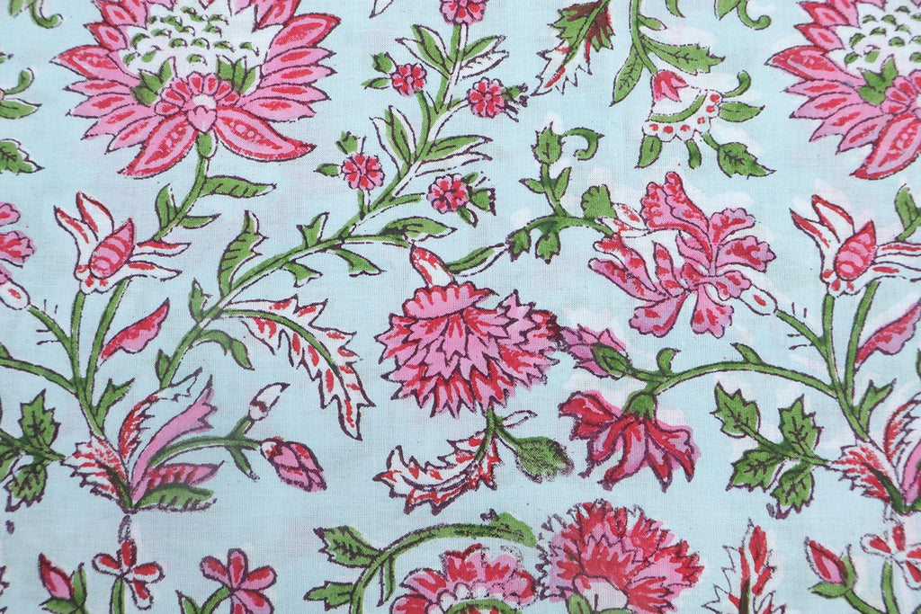 Mughal Floral Block Print Fabric: Pink, White & Green Linen Cotton Blend