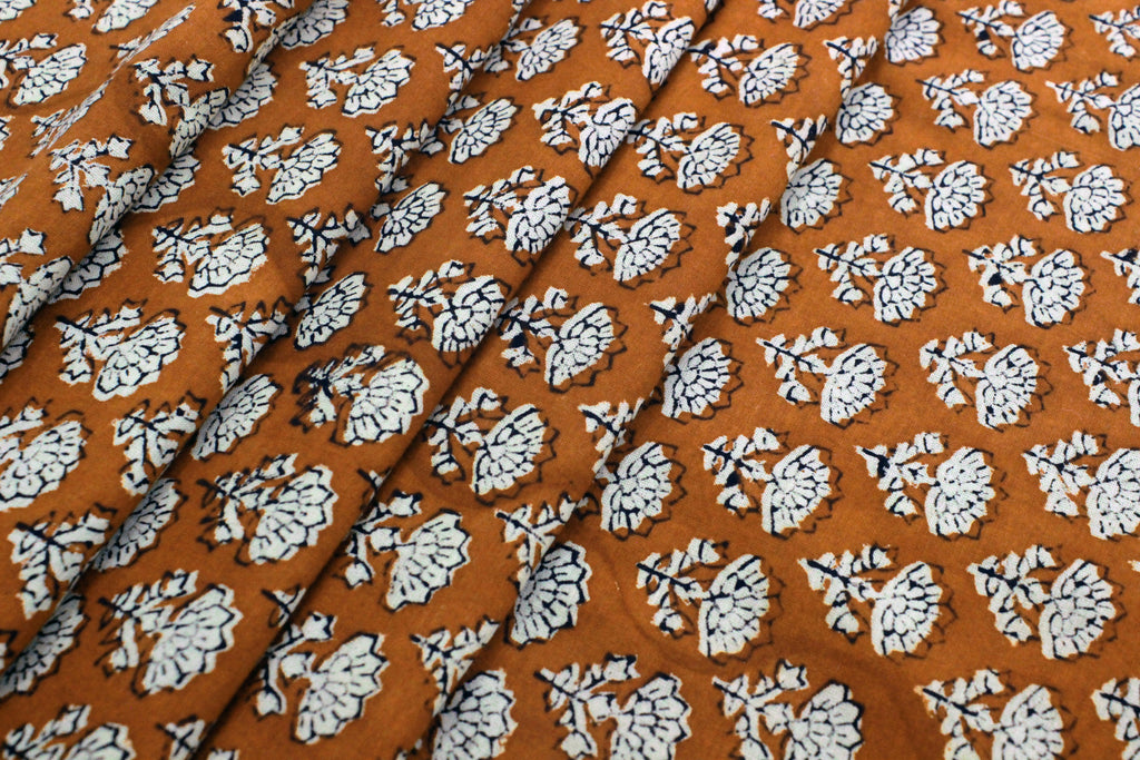 Orange Floral Blockprint Cotton Fabric: Handstamped Indian Fabric