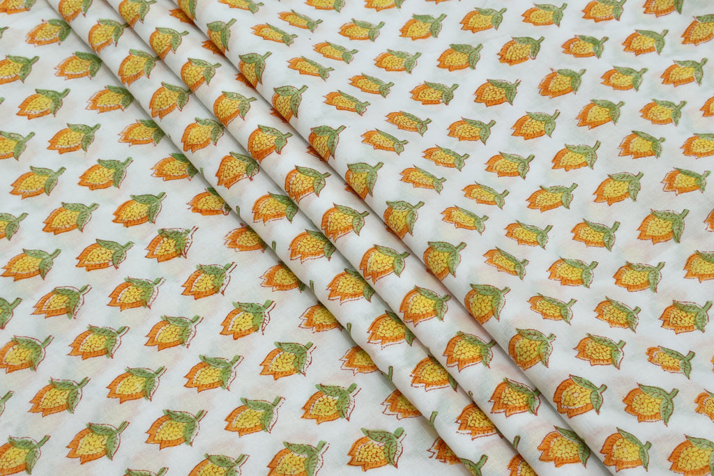 Mughal Print Cotton Fabric: Hand-Stamped Floral Dress Fabric