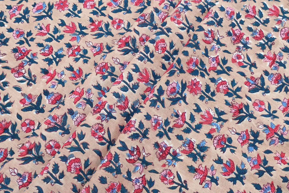Mughal Floral Print Cotton Fabric: Indian Hand Block Print