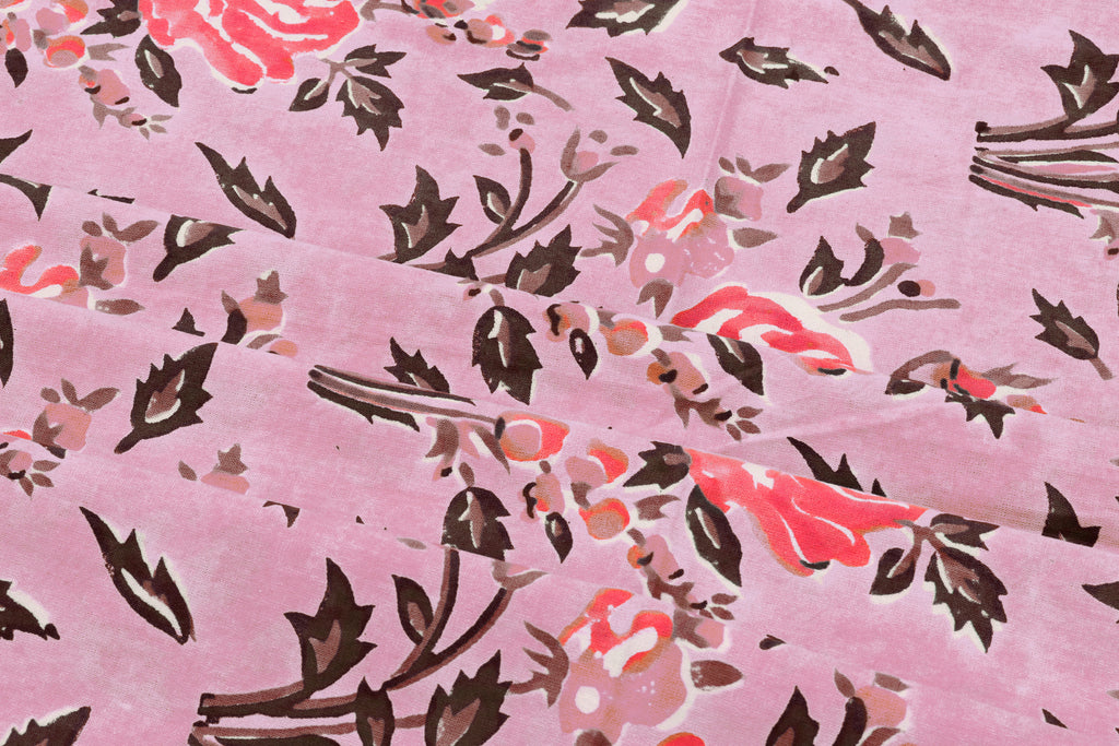Pink Floral Blockprint Cotton Fabric: Handstamped Indian Fabric