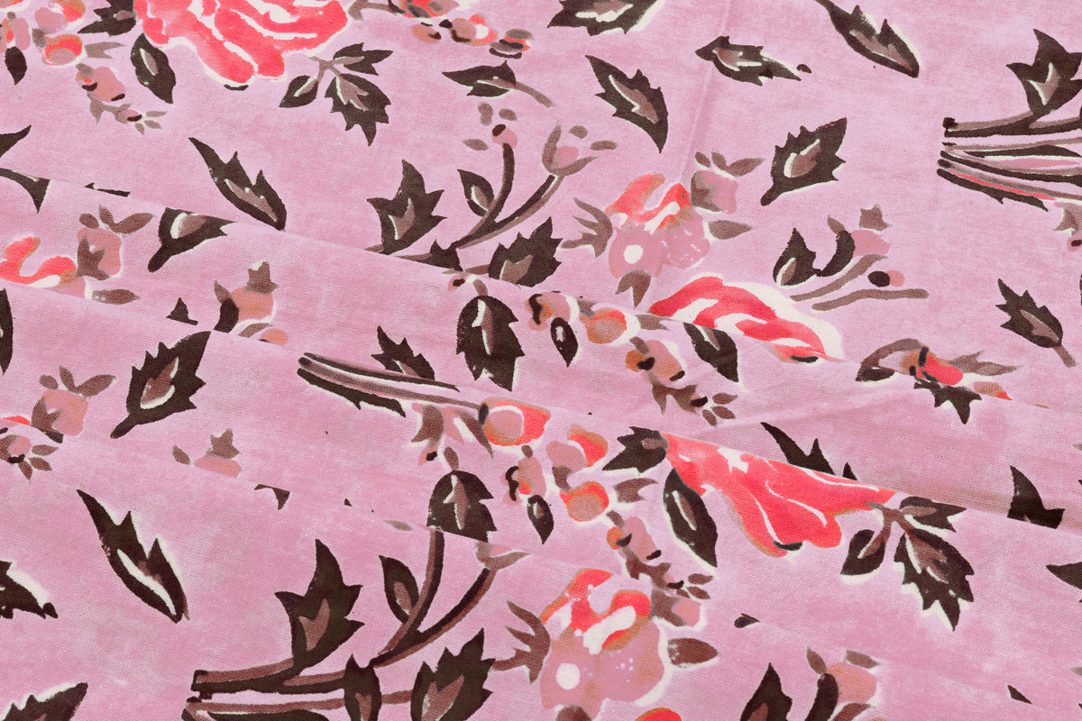 Pink Floral Blockprint Cotton Fabric: Handstamped Indian Fabric