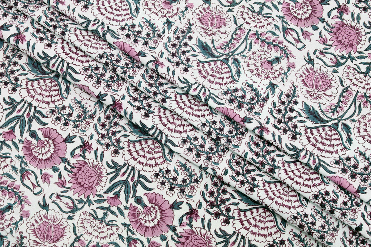 Floral Block Print Cotton Fabric: Pink, Green, and White Indian Fabric