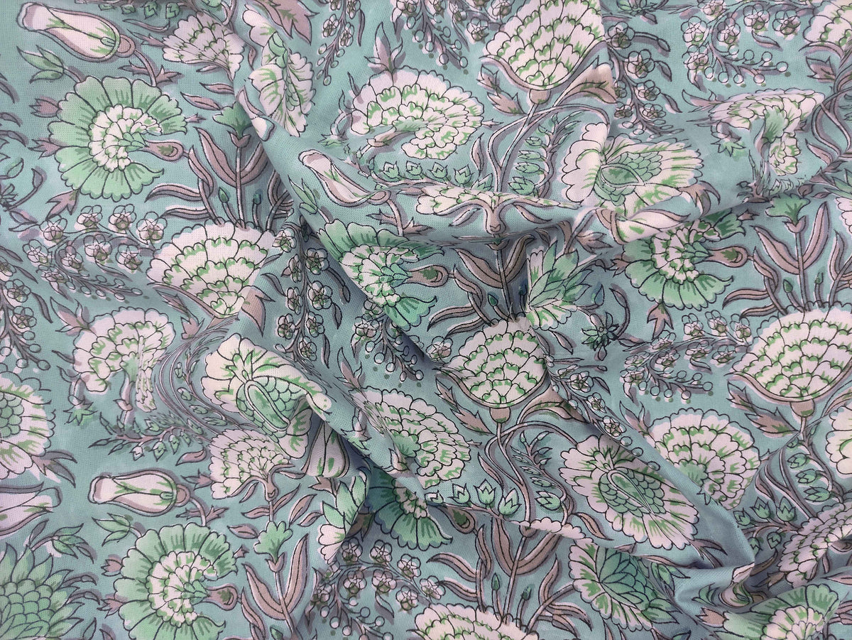 Floral Block Print Cotton Fabric: Blue, Green, Pink Mughal Design